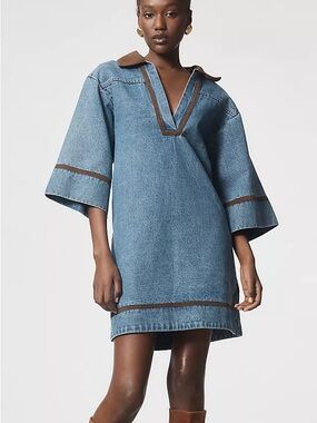 Anthropologie Denim V-Neck dress with Brown Suede Trim